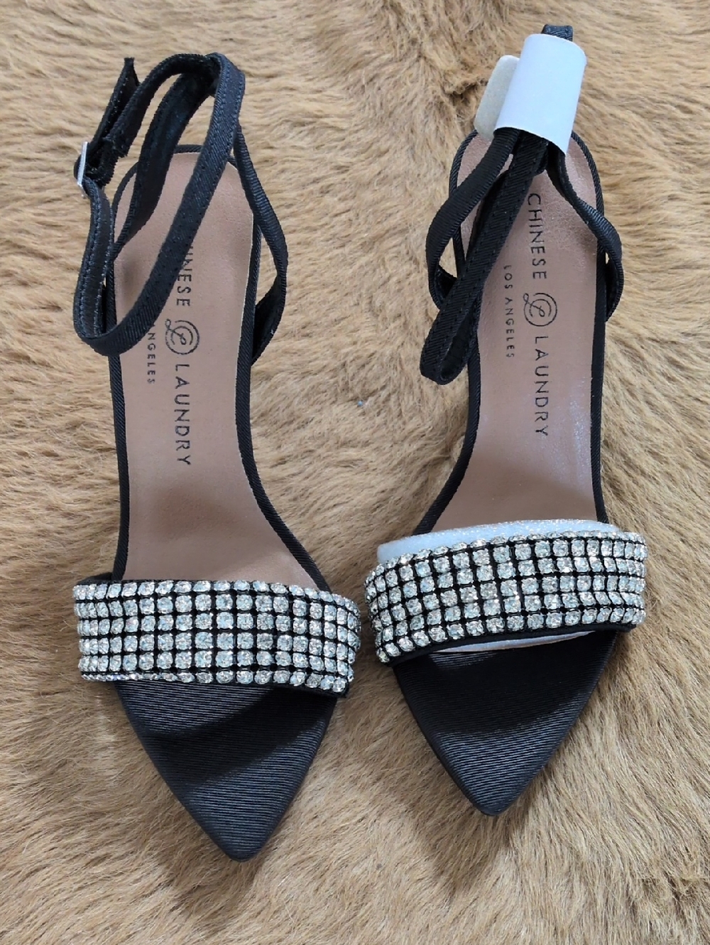Chinese Laundry Black Rhinestone Ankle-Strap Heels